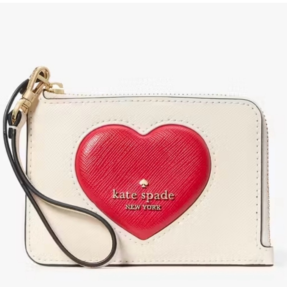 kate spade Madison Puffy Cream Wristlet with Red Heart L-zip keychain Valentines